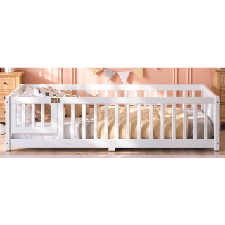 Sunvega Twin Size Floor Bed with Safety Guardrails and Door for Kids in Natural