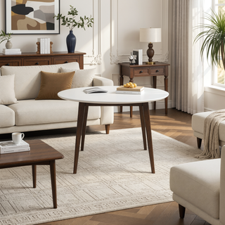 Sunvega Mid-Century Modern Round Dining Table in White Solid Wood for Kitchen