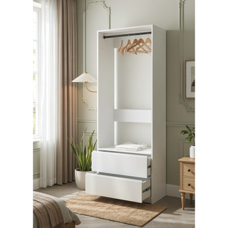 Sunvega White Wood Walk-In Closet with Two Rods and Oak Finish