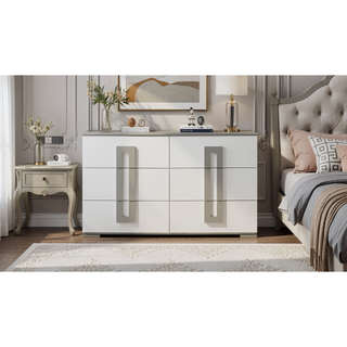 Sunvega Modern White Dresser with Metallic Accents and Six Spacious Drawers