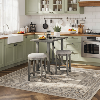 Sunvega Set of 2 Counter Height Stools with Round Polyester Seat and Gray Wood