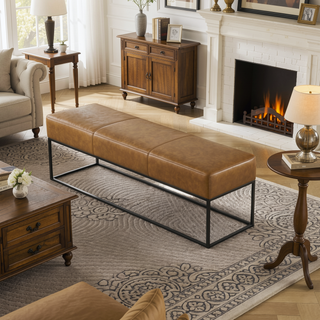 Sunvega Teak Wood Leather Bench with Metal Base and Padded Seat