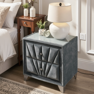 Sunvega Transitional Gray Upholstered Nightstand with Glass Top and Crystal Knobs