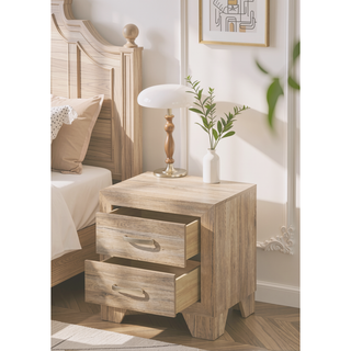 Sunvega Natural Finish Nightstand with Two Spacious Drawers and Tapered Legs