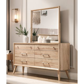 Sunvega Classic Style Dresser with 6 Drawers and Natural Oak Finish for Bedroom