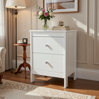 Sunvega Compact White Nightstand with 2 Drawers and Scratch-Resistant Surface