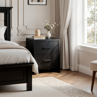 Sunvega Fully Assembled Nightstand with V Shape Embossing and Black Handles