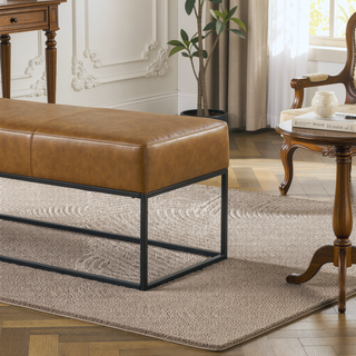 Sunvega Teak Wood Leather Bench with Metal Base and Padded Seat
