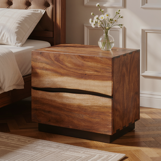 Sunvega Smokey Walnut and Coffee Bean 2-Drawer Nightstand with Asymmetrical Design