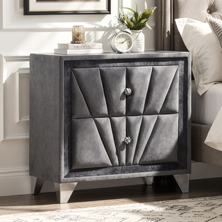 Sunvega Transitional Gray Upholstered Nightstand with Glass Top and Crystal Knobs