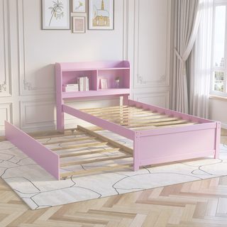 Sunvega White Twin Trundle Bed with Storage Headboard and Bookcase
