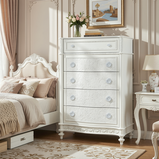 Sunvega Ivory Floral Embroidered 5-Drawer Chest with Wooden Bun Legs