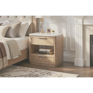 Sunvega Nightstand with Oak Veneer Drawer Fronts, Stone Top, and USB Charging Ports