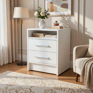 Sunvega Melamine Nightstand with Two Large Drawers and Open Shelf for Bedroom