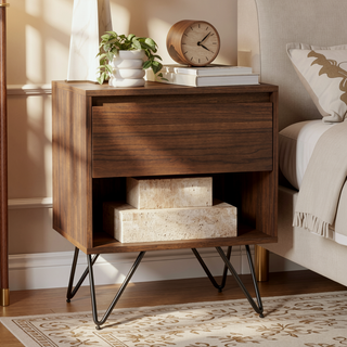Sunvega Modern Industrial Walnut Veneer Nightstand with Drawer and Open Shelf