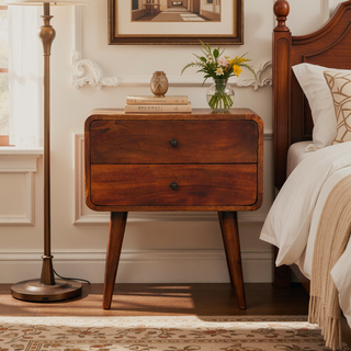 Sunvega Solid Mango Wood Chestnut Bedside Table with 2 Drawers and Nordic Legs