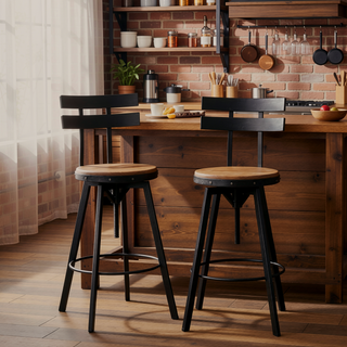 Sunvega Antique Finish Firwood Seat Barstool with Black Brush Silver Metal Frame