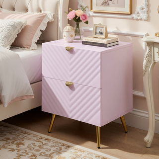 Sunvega Pink High Gloss Wave Pattern Nightstand with Metal Legs and Smooth Drawers