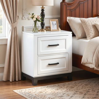 Sunvega White and Metallic Gray Nightstand with 2 Dovetail Drawers for Bedroom