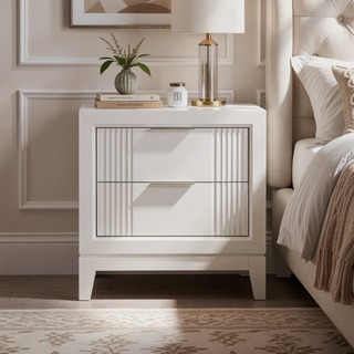 Sunvega Antique White Finish Modern Nightstand with 2 Dovetail Drawers and Reeded Fronts