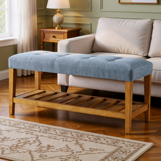Sunvega Light Blue and Oak Tufted Padded Seat Bench with Open Slatted Shelf