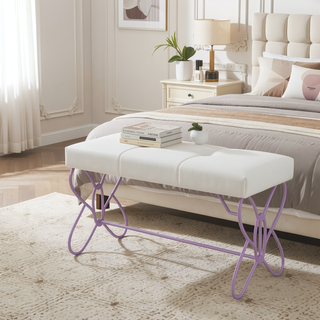 Sunvega Butterfly Design Armless Bench with Padded White Faux Leather Seat