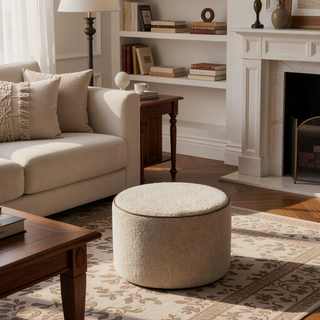 Sunvega Upholstered Beige Large Round Footstool with Timeless Elegance and Clean Lines
