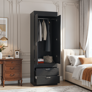 Sunvega Black 70H" Double Door Cabinet with Two Drawers and Metal Handles