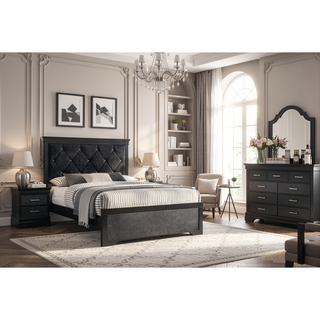Sunvega Modern Glam Black Finish Two Drawer Nightstand with Crystal-Like Button Tufted