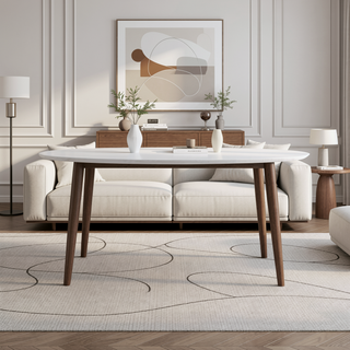 Sunvega Mid Century Modern Style Solid Wood White Top Oval Dining Table