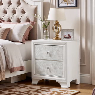 Sunvega Textured Pattern Nightstand with 2 Drawers and Metal Knobs, White