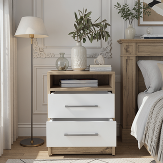 Sunvega Smokey Oak and White Finish Nightstand with Two Drawers and Open Shelf