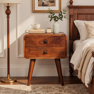 Sunvega Solid Mango Wood Curved Bedside Table with Two Drawers Honey Caramel Finish
