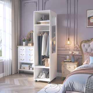 Sunvega 63 Inch Tall Wardrobe with Mirror Three Shelves and Hanging Rod