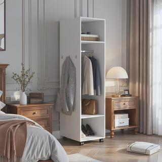 Sunvega Freestanding Wardrobe with Mirror, Shelves, Hanging Rod and Casters for Bedroom
