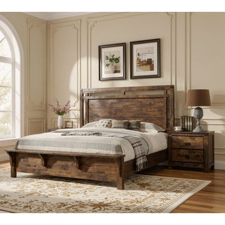 Sunvega Rustic Brown Two Drawer Nightstand with Sleek Metal Handles for Bedroom