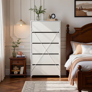 Sunvega White 5-Drawer Dresser with Spacious Fabric Drawers for Bedroom Storage
