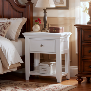 Sunvega Transitional White Nightstand with Drawer and Bottom Shelf for Bedroom