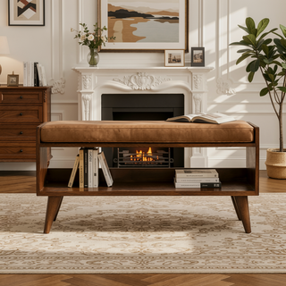 Sunvega Solid Mango Wood Chestnut Finish Bench with Brown Leather Seat Pad