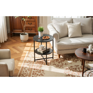 Sunvega Small Round Side Table with 2 Tiers for Bedroom Living Room Farmhouse