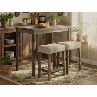 Sunvega Transitional Brown Rubberwood Dining Table with 2 Tufted Seat Stools