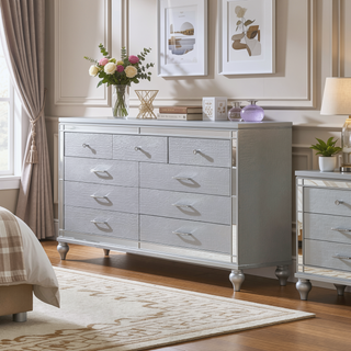 Sunvega Silver Mirror Framed 6-Drawer Dresser with Diamond Accent Handles