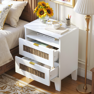 Sunvega White Farmhouse Queen Platform Bed with Wooden Strip Decoration and Plywood Slats