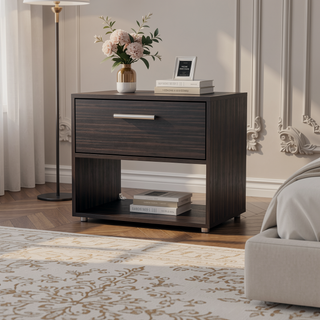 Sunvega Walnut Nightstand with Drawer and Open Storage Shelf for Bedroom