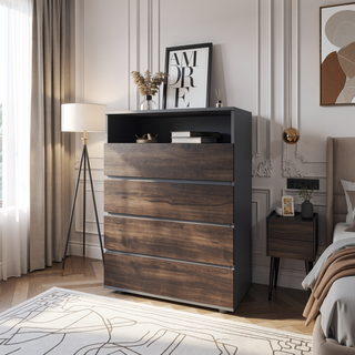 Sunvega Stained Walnut Dresser with Four Spacious Drawers and Open Shelf