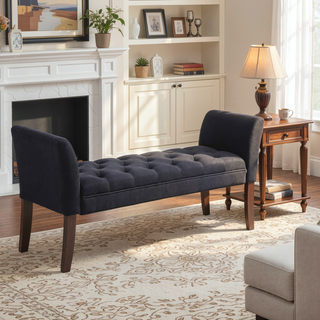 Sunvega Traditional-Style Upholstered Bench with Button Tufted Design and Solid Wood Legs for Bedroom