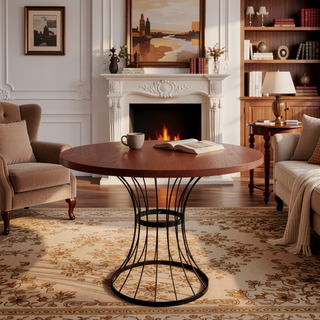Sunvega 42 Inch Round Dining Table with Oak Veneer Top and Iron Base for Small Spaces
