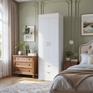 Sunvega White Finish Armoire Tarento with Two Drawers and Double Door Cabinet