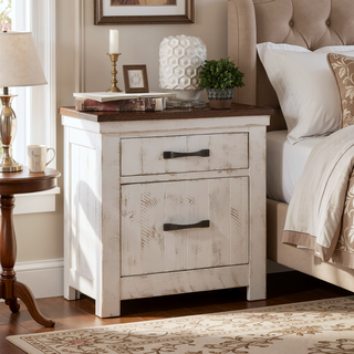 Sunvega Transitional Style Distressed White Plank Design 2-Drawer Nightstand with USB