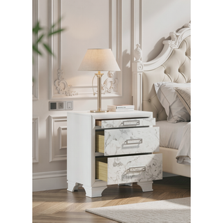 Sunvega Modern White Nightstand with Marble Accent Drawers and Silver Handles